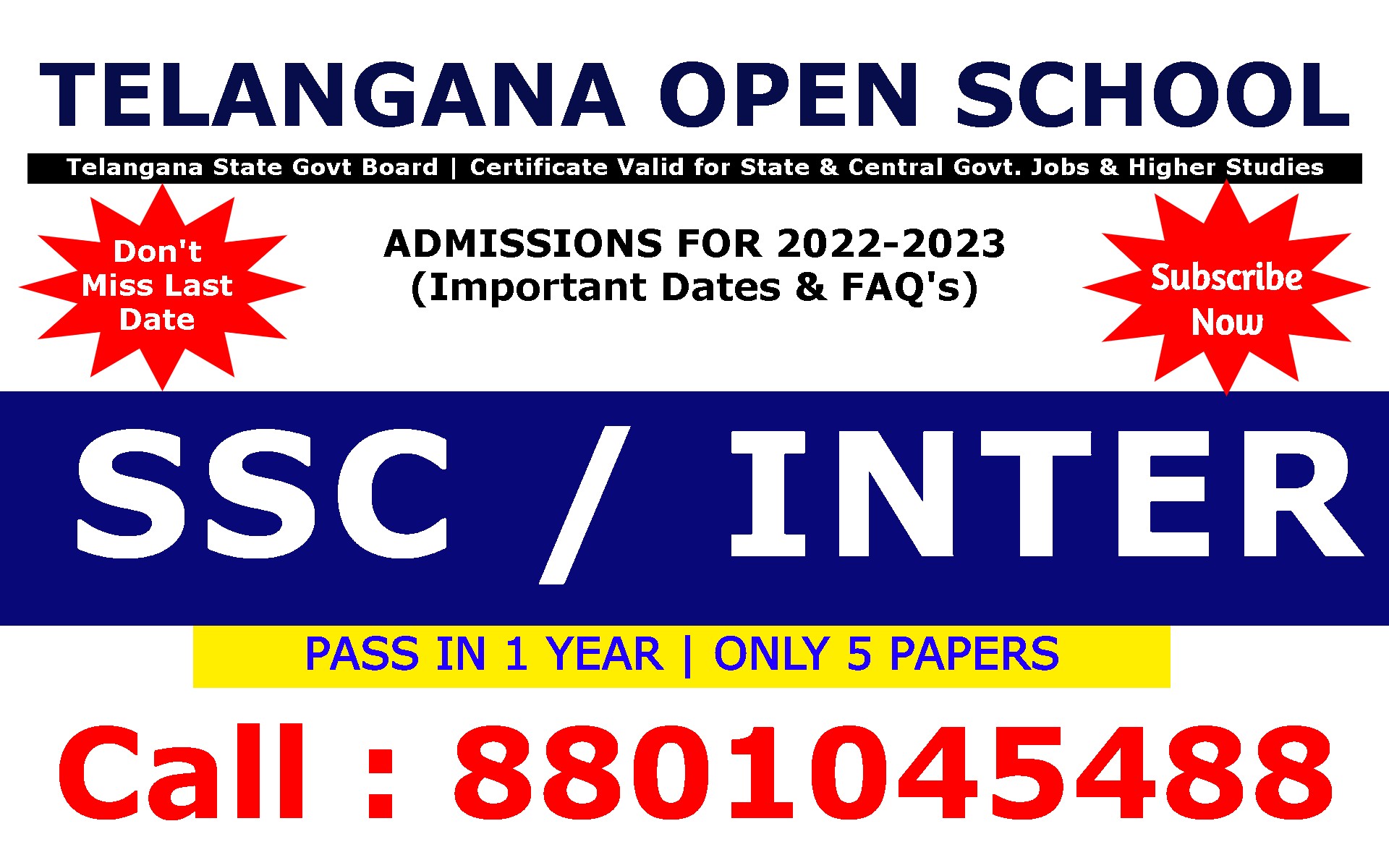 Telangana Open School SSC & Open Inter Admission 2022-2023