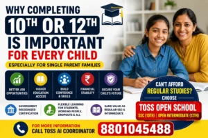 Parent helping child study, illustrating why completing 10th or 12th class is important for better career opportunities, higher education, and future success through TOSS Open School admissions.